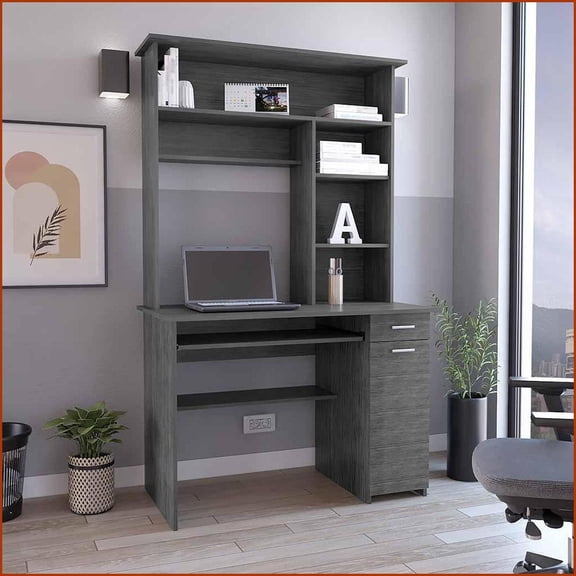 Desks, Classic Computer Desk with Hutch, Keyboard Tray, CPU Door, 5 Shelves & Drawer | Engineered Wood | Smokey Oak