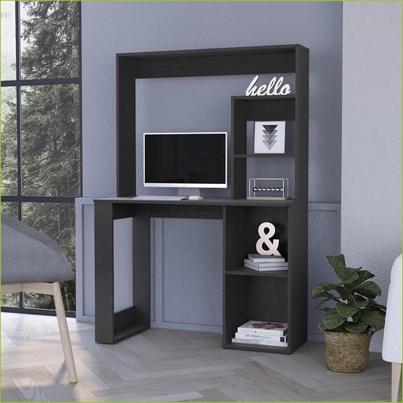 Desks with Hutch, Ryndon Compact Workstation | Black Wengue Finish | Black | Particle Board