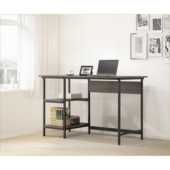 Desks with Open Design, 2 Storage Shelves & Space-Saving | Industrial Weathered Gray | MDF+Metal
