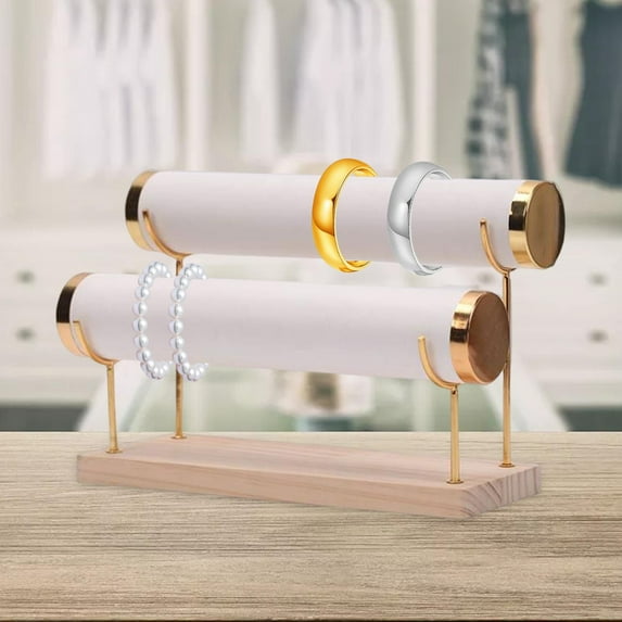 Desktop 2 Tier Bracelet Display Stand, Decorative Props Jewelry Display for Bangle Jewelry Store Countertop, Live Broadcasting PU White