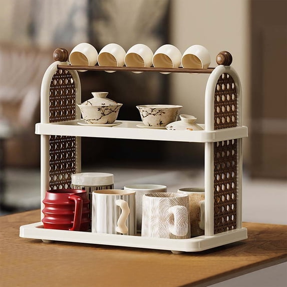 Desktop 2-Tier Cup Storage Rack,Coffee Mug Holder Shelf,Removable Solid Wood Crossbar,Coffee Mug Display Shelf,Multi-layer Tableware and Bowl Storage Rack for Kitchen Office Countertops