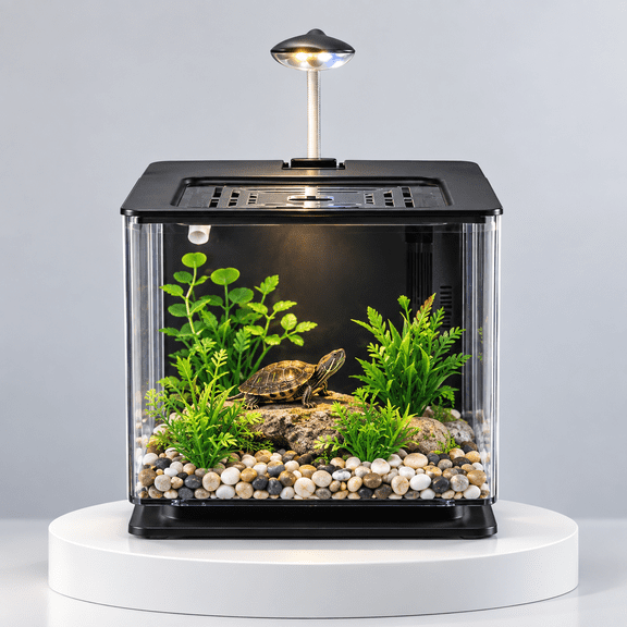 Desktop Acrylic Turtle Tank Kit, Amphibian Habitat Box with Side Filter, USB Water Pump & 3 Color Dimmable LED Light, Mini Aquarium Tank for Turtles, Betta Fish, Reptiles