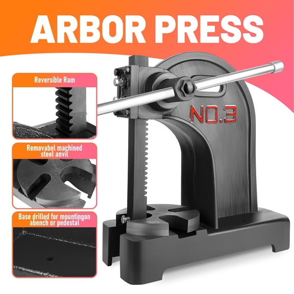 Desktop Arbor Press, 3 Ton Heavy Duty Manual Lever Press with Reversible Ram & Base Drilled, Press Machine for Metal Forming Bearing Pressing Auto Repair