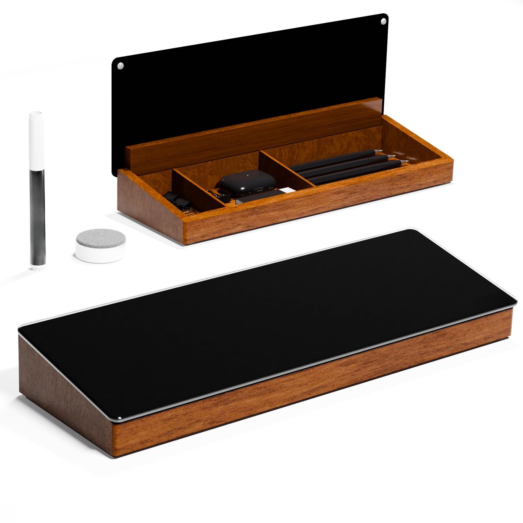 Desktop Black Glass Dry Erase Board With Wood Organizers For Small Office Supplies  Desk Whiteboard Drawer Home Cubicle Accessories Included