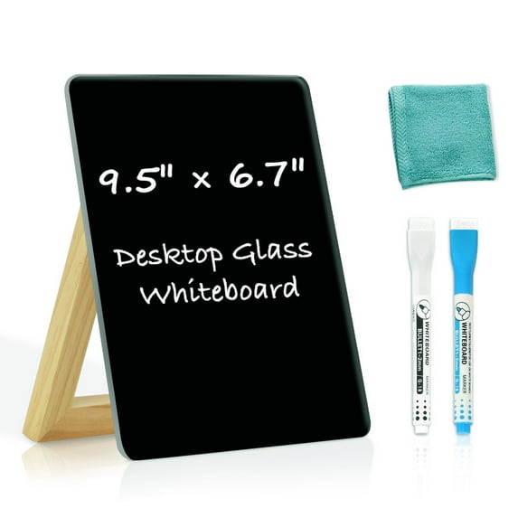 Desktop Black Glass Dry Erase Whiteboard with Reversible Wood Stand 9.4x6.85 in Small Whiteboard Glass Dry Erase Board Mini Whiteboard Portable Desk Whiteboard for Home Office with Liquid Chalk&Rag