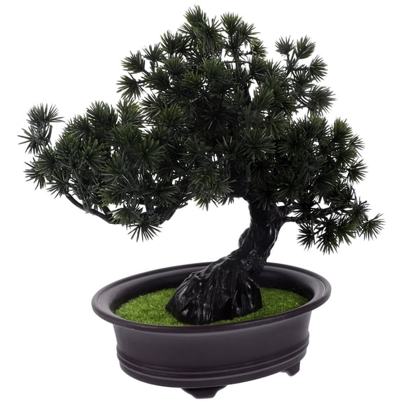 SOPOTUTU Artificial Bonsai Pine Tree with Realistic Green PP Leaves, Faux Plant for Home, Office, Desk Decoration