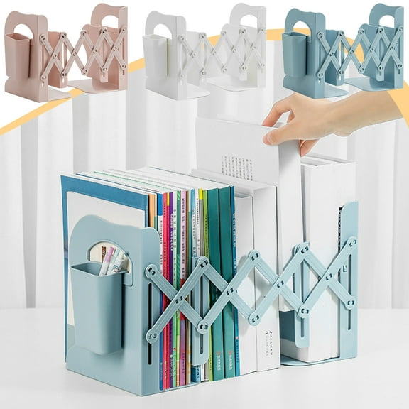 Desktop Book Holder | Foldable Adjustable Plastic Bookend Shelf | Expandable Space-Saving Organizer for Books Magazines DVDs Cookbooks | White Blue Pink | 17.5x13.5x11.5cm