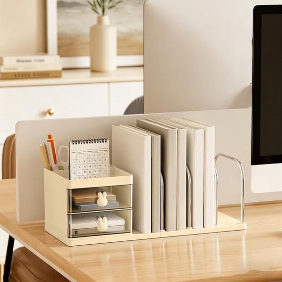 Desktop Book Organizer, 14.6x5.9x5.3in Plastic Steel Desk Storage Box with 2 Drawers and Pen Cup - Bookend Shelf
