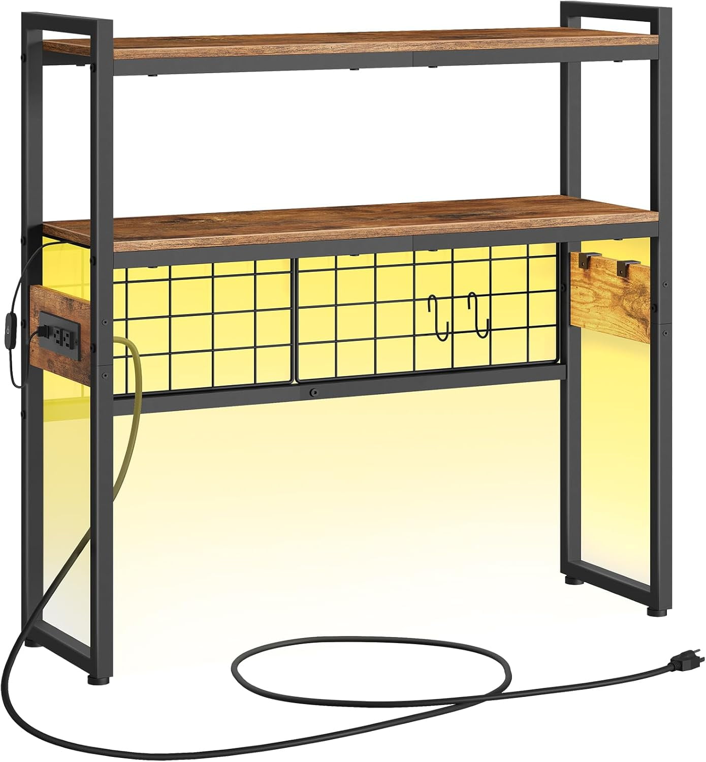 Desktop Bookcase, 2-Tier Desktop Organizer, 29.9" Wooden Office Storage Rack with Outlets, Display Shelf Rack with Light Strip, Desk Hutch for Office, Rustic Brown BF11UDSJ01