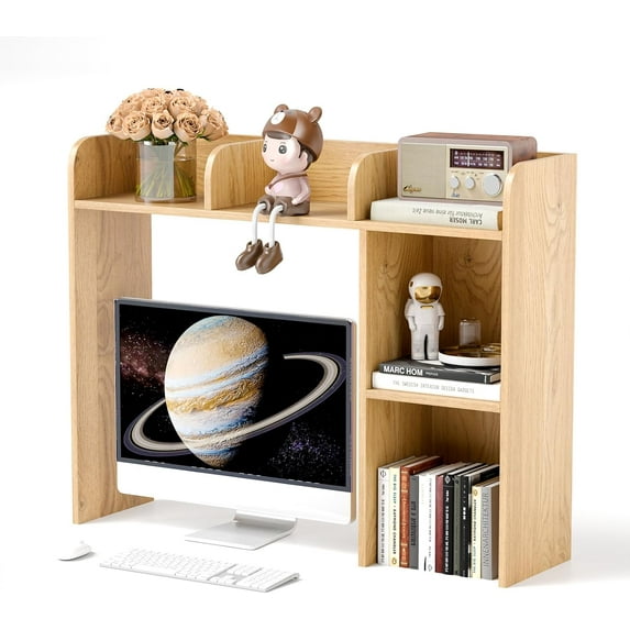 Desktop Bookshelf, 2-Tier Display Organizer Shelf Rack, Dorm Desk Hutch, Desk Shelf for Top of Desk, Multipurpose Wood Counter Top Bookcase for Office Home