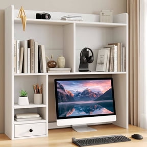 Desktop Bookshelf for 27" Monitor, Space-Saving Engineered Wood Desk Hutch Organizer with Adjustable Shelves & Drawer, Clutter-Free Tabletop Bookcase for Dorm & Home Office, White