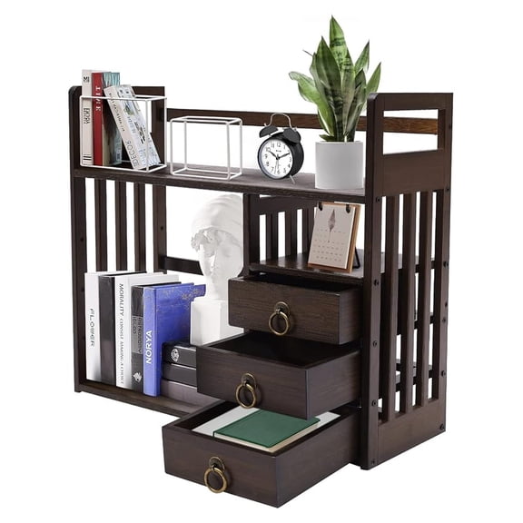 Desktop Bookshelf with 3 Drawers 2 Tier Bamboo Office Desk Shelves Book Storage Display Container Countertop Accessories Rack Bookcase for Office Home (Nut-Brown)