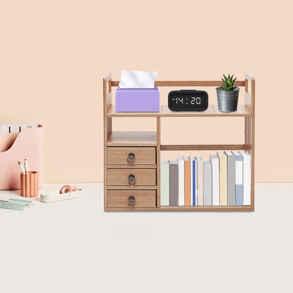 Desktop Bookshelf with 3 Drawers, Bamboo Desk Organizer Storage Shelf for Office Home, Freestanding Countertop Bookcase Small Space, 55LBS Load Capacity