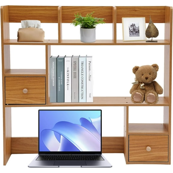 Desktop Bookshelf, 31.5" Tall Desktop Organizer Shelf with 7 Compartment and 2 Drawer, Desk Hutch for Computer Monitor Stands, 3 Tier Desktop Display Rack for Home Office Dorm (Pine Color)
