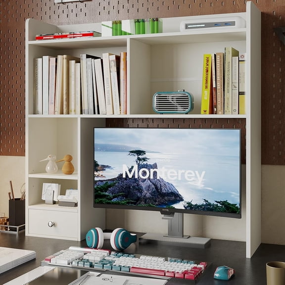 Desktop Bookshelf, 36.4" Tall Countertop Desk Hutch with 5 Shelves and 1 Drawer for Computer Desk, Desk Shelf Organizer for Dorm Office Home,White