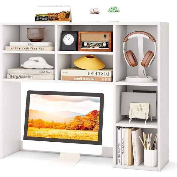 Desktop Bookshelf, 37" Countertop Storage Hutch with 7 Cubes & 3 Adjustable Shelves, 3-Tier Desk Display Rack Organizer for Dorm, Home Office (White)