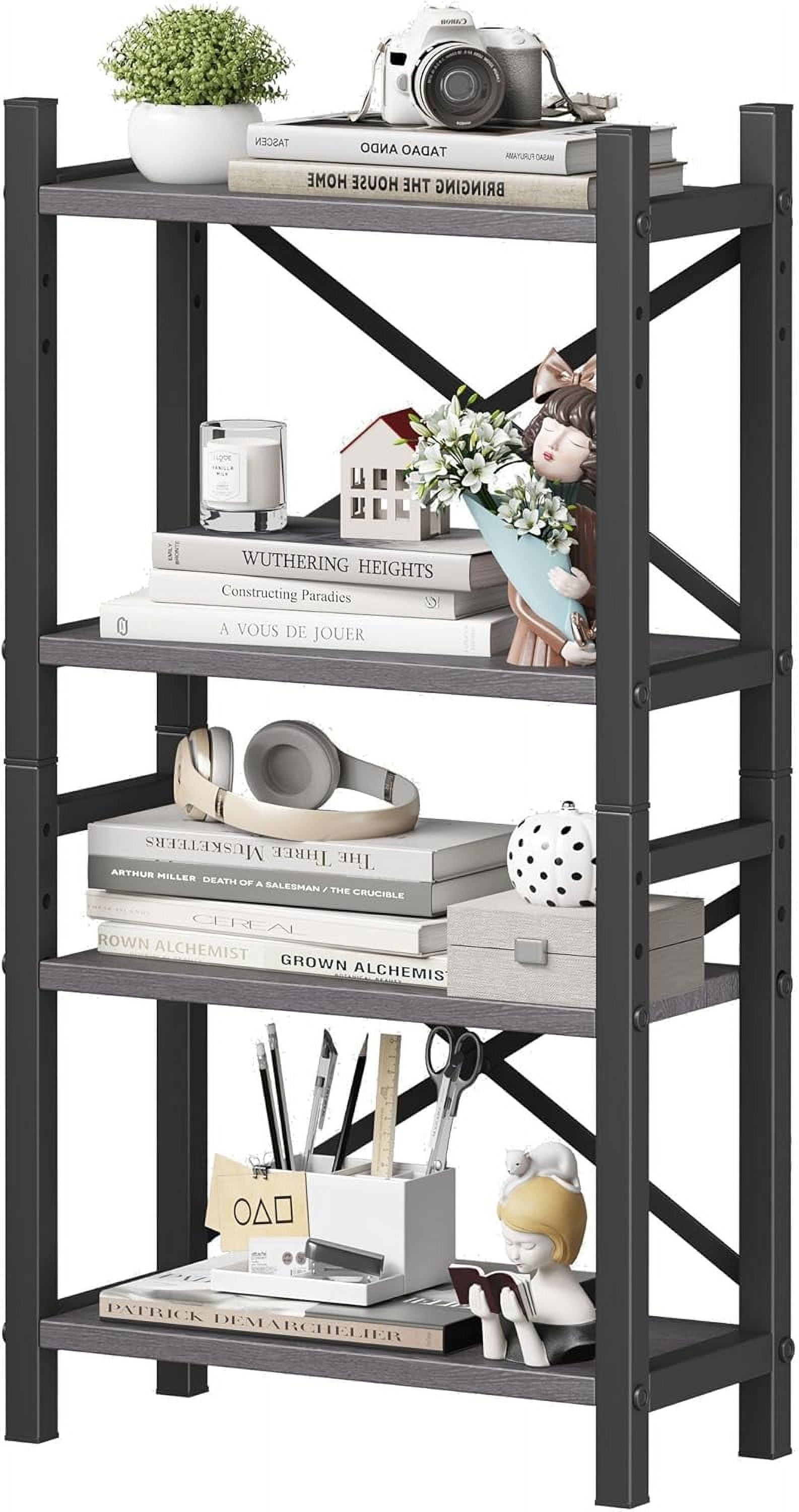 Desktop Bookshelf, 4-Tier Stackable Narrow Bookcase, Adjustable Industrial Desk Organizer & Hutch - Rustic Brown Wood Desktop Book Organizer for Living Room, Bedroom & Home Office(Gray）
