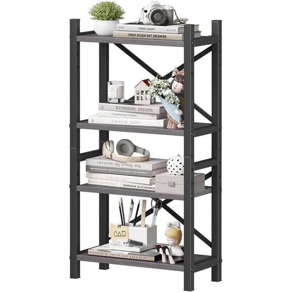 Desktop Bookshelf, 4-Tier Stackable Narrow Bookcase, Adjustable Industrial Desk Organizer & Hutch - Rustic Brown Wood Desktop Book Organizer for Living Room, Bedroom & Home Office(Gray)