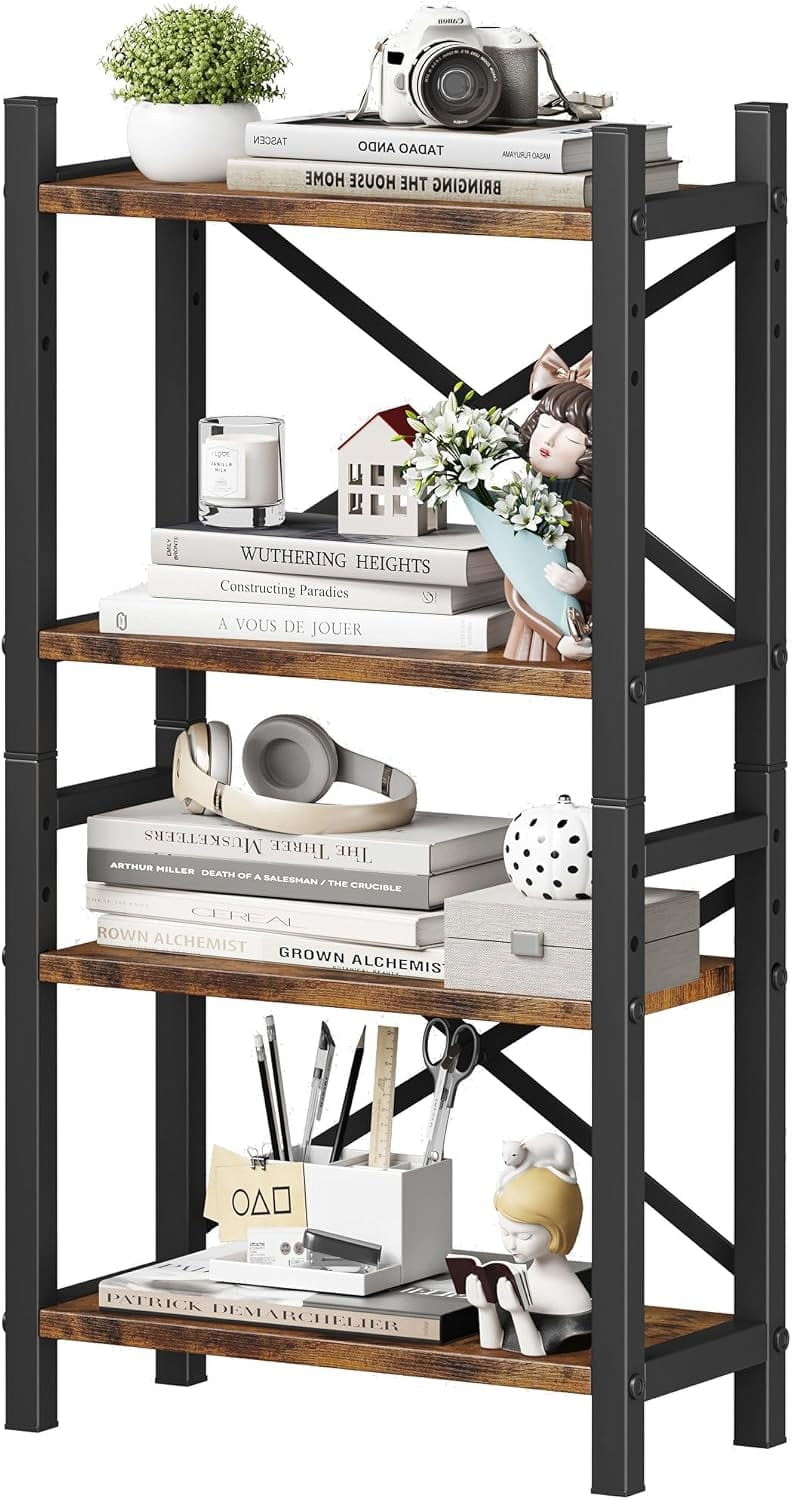 Desktop Bookshelf, 4-Tier Stackable Narrow Bookcase, Adjustable Industrial Desk Organizer & Hutch - Rustic Brown Wood Desktop Book Organizer for Living Room, Bedroom & Home Office(Rustic Brown）