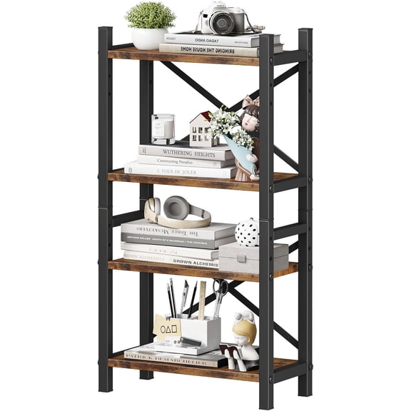 Desktop Bookshelf, 4-Tier Stackable Narrow Bookcase, Adjustable Industrial Desk Organizer & Hutch - Rustic Brown Wood Desktop Book Organizer for Living Room, Bedroom & Home Office(Rustic Brown)