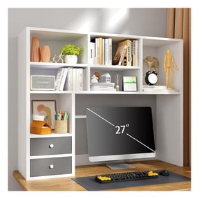 Desktop Bookshelf,Adjustable Desk Hutch,High-Capacity Organizer with 7 Shelves and 2 Drawers,Top of Desk Shelf for Dorm,Home Office,White