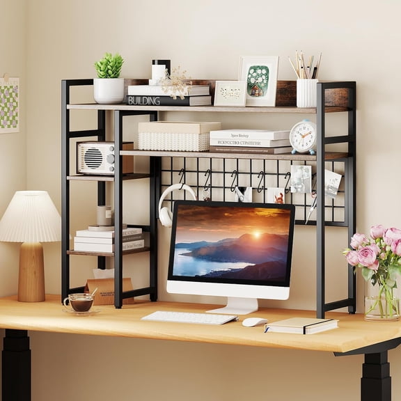 Desktop Bookshelf for Computer Monitor Up to 32”, Countertop Storage Hutch with 4 Open Shelves, Grid Panel, 6 Hooks, Anti-tip Device, 4-Tier Desktop Shelves for Home Office Dorm, Rustic Brow