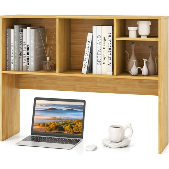 Desktop Bookshelf, Countertop Storage Hutch with 4 Shelves for Computer Desk, Desktop 2-Tier Display Rack, Multipurpose Wood Desk Hutch Storage Organizer for Dorm Office Home