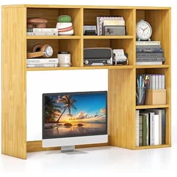 Desktop Bookshelf, Desk Hutch Dorm w/ 7 Cubes & 3 Adjustable Shelves, Desk Shelf for Up to 27" Computer Monitors, Wooden Desktop Storage Organizer for Dorm College Office Home (Burlywood)
