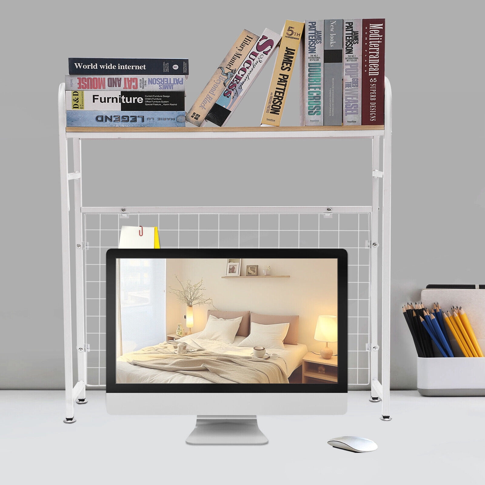 Desktop Bookshelf Desk Storage Shelf with Grid Office Table Computer ...