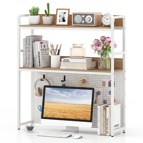 Desktop Bookshelf Multipurpose 2 Tier Desk Hutch With Pegboard Industrial Countertop Storage Organizer Rack For Computer Monitor Display Shelf For Home Office Dorm Natural