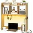 thumbnail image 1 of Desktop Bookshelf, Office Desktop Shelf, Desk Hutch with Outlets, Wooden Office Desktop Bookcase, Desktop Organizer Shelf with LED Light Strip and 3 Hooks, for Home, Study, 1 of 18