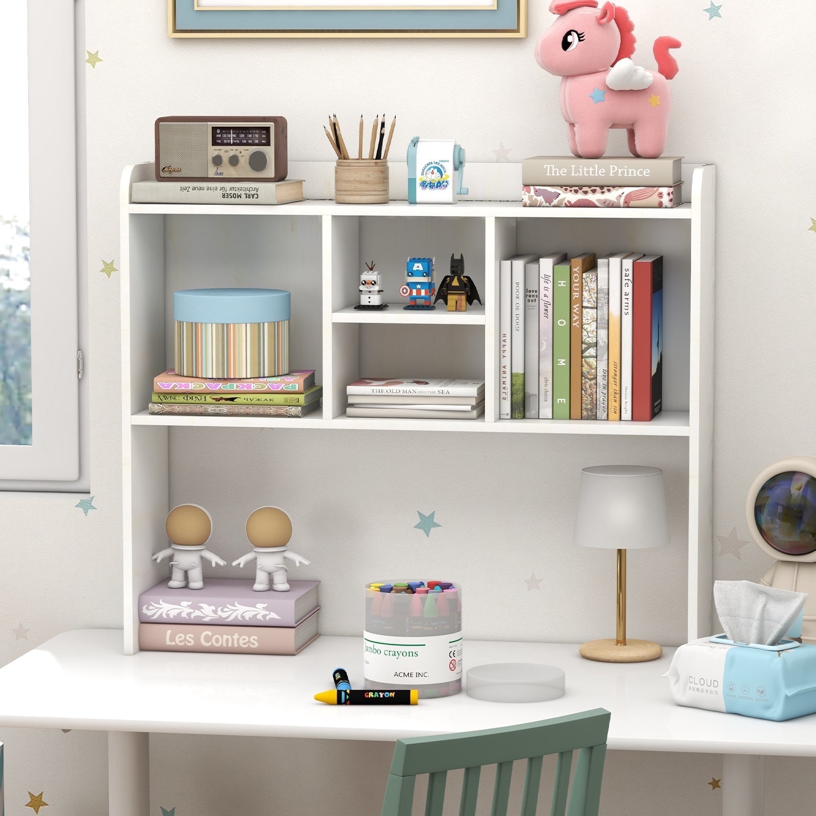 Desktop Bookshelf, Office Desktop Shelf, Wood Desk Hutch for Computer Desk, Adjustable Display Rack, Multipurpose Desktop Bookshelf Storage Organizer, White