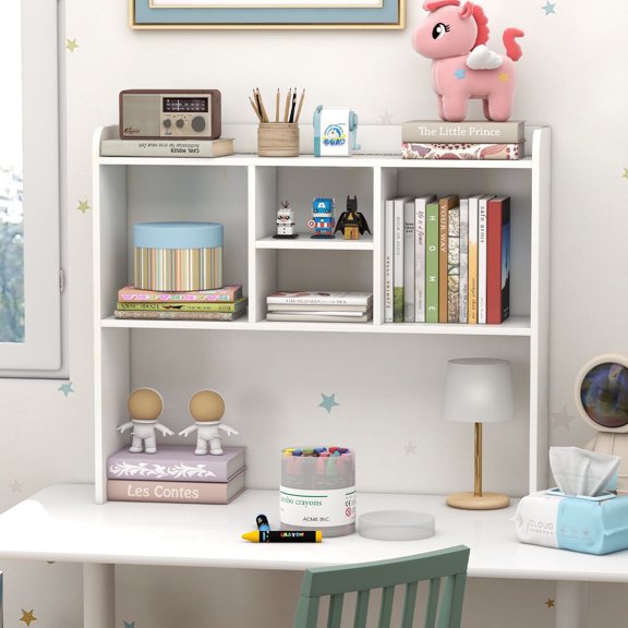 Desktop Bookshelf, Office Desktop Shelf, Wood Desk Hutch for Computer Desk, Adjustable Display Rack, Multipurpose Desktop Bookshelf Storage Organizer, White