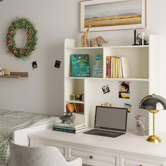 Desktop Bookshelf Organizer Countertop Desk Hutch With 5 Shelves And 1 Storage Drawer For Computer Desk, Display Shelf Hutch Rack For Home Office Dorm Study Table, White
