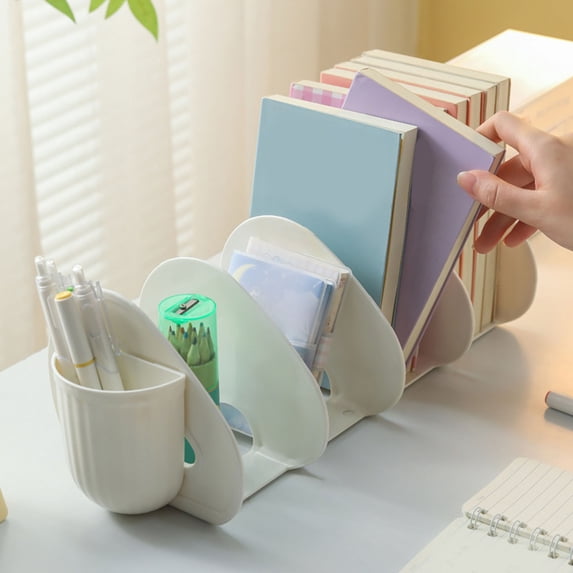 Desktop Bookshelf Organizer with Pen Holder, 4-Compartment File Rack and Book Stand for Desk, Sturdy White Storage Shelf for Home Office and Study Area