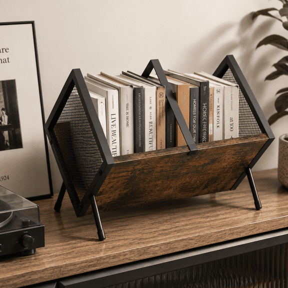 Desktop Bookshelf Organizer, Wood Slanted Desk Bookshelf, Small Tabletop Book Rack, Portable Mini Bookcase for Book Display, Cookbooks, Kids Reading, Office & Home Storage, Rustic Brown