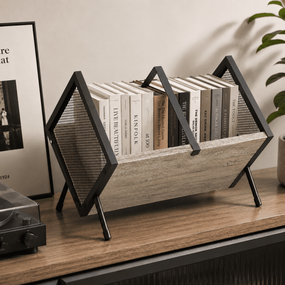 Desktop Bookshelf Organizer, Wood Slanted Desk Bookshelf, Small Tabletop Book Rack, Portable Mini Bookcase for Book Display, Cookbooks, Kids Reading, Office & Home Storage, Rustic Gray