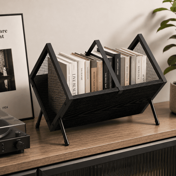 Desktop Bookshelf Organizer, Wood Slanted Desk Bookshelf, Small Tabletop Book Rack, Portable Mini Bookcase for Book Display, Cookbooks, Office & Home Storage, Rustic Black