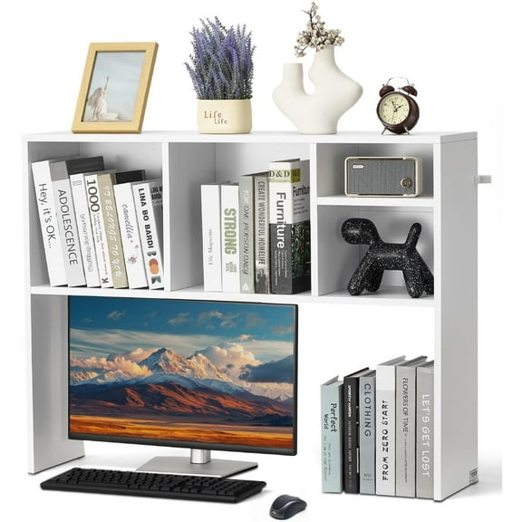 Desktop Bookshelf, Storage Organizer with 5 Shelves for Computer Desk, Wooden Shelf Desk Hutch with Anti-Slip Feet Pads, Desk Top Display Rack for Office, Home & Dorm, White