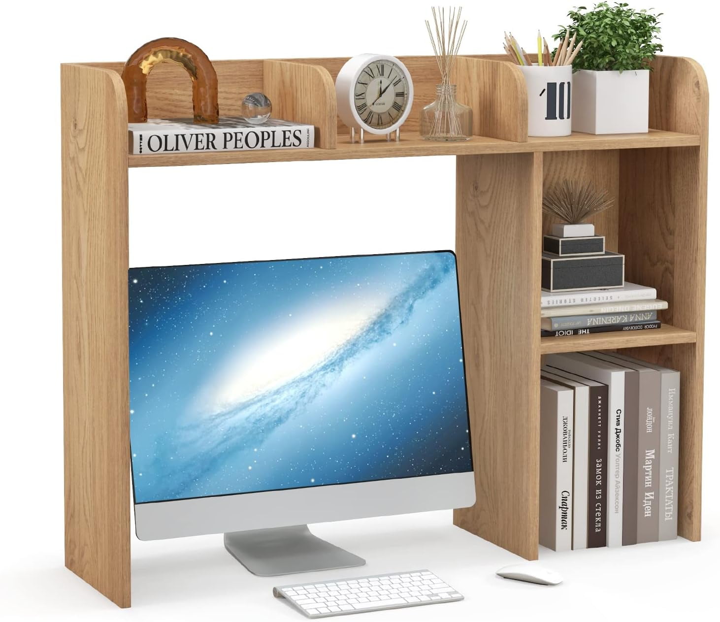 Desktop Bookshelf, Wood Desk Hutch Organizer for 27 Inch Computer