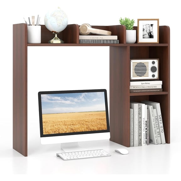 Desktop Bookshelf, Wood Desktop Organizer Shelf with 5 Shelves for Computer Table, Countertop Display Rack, Desk Organizer Shelf, Desk Hutch Dorm for Top of Desk, Home Office, Walnut