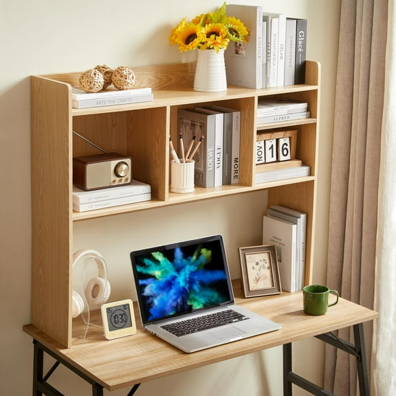 Desktop Bookshelf, Wooden Desk Storage Hutch with 6 Shelves for Computer Desk, 3-Tier Desktop Display Organizer Rack for Office Home