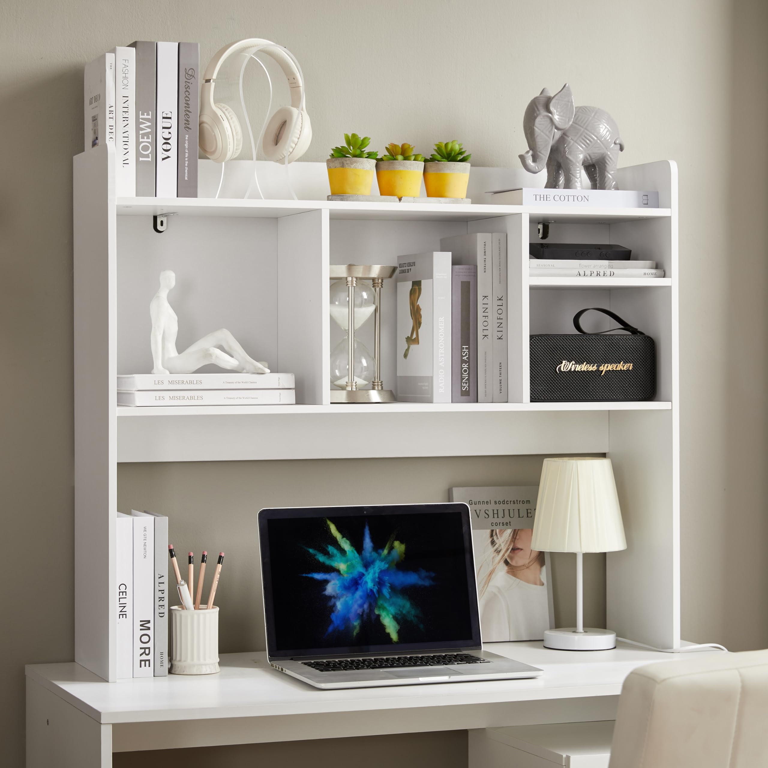 Desktop Bookshelf, Wooden Desk Storage Hutch with 6 Shelves for Computer Desk, 3-Tier Desktop Display Organizer Rack for Office Home