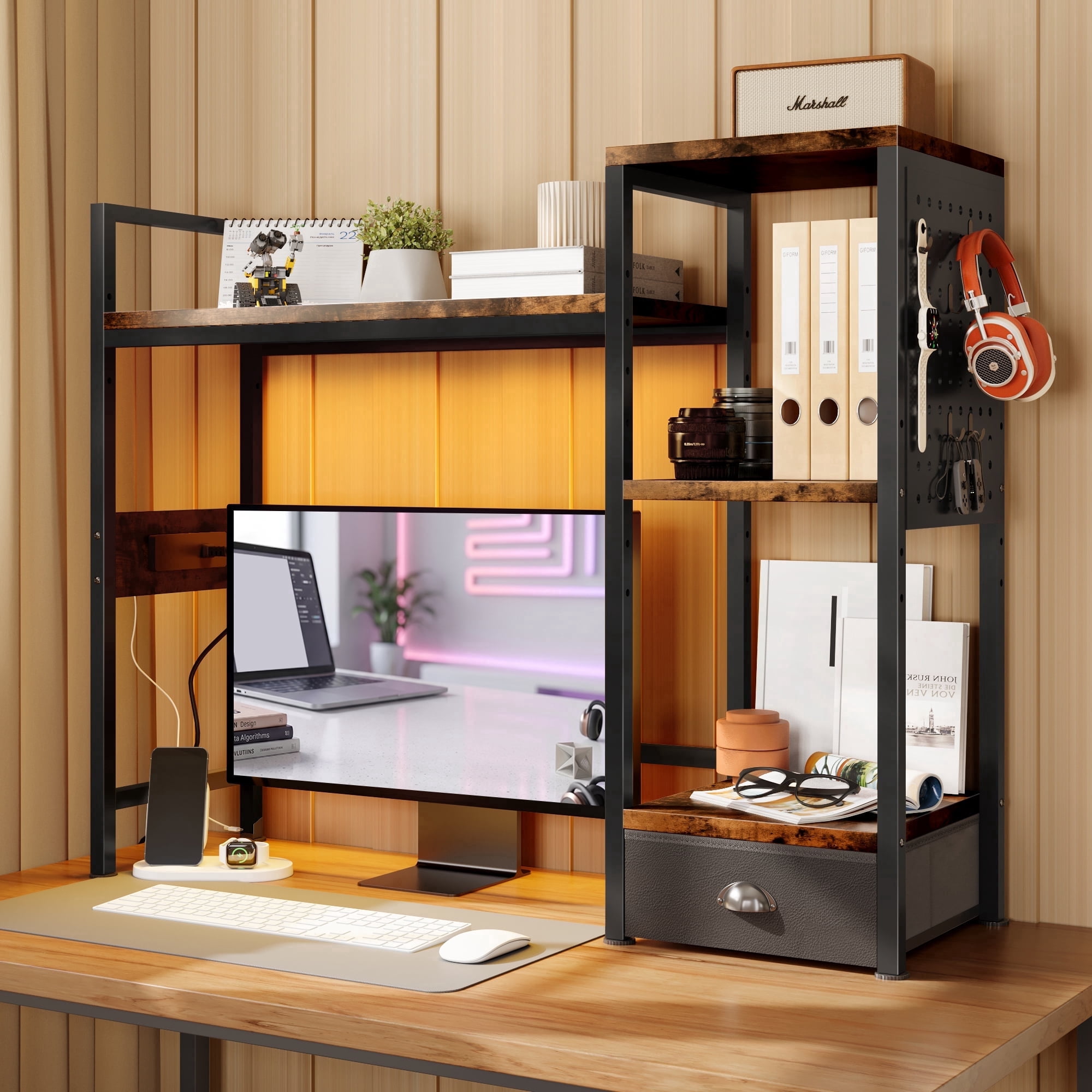 Desktop Bookshelf with Charging Station, LED Light & Adjustable Shelf, 3-Tier Desk Display Organizer for Office, Dorm, Living Room, Black