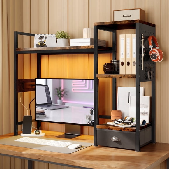 Desktop Bookshelf with Charging Station, LED Light & Adjustable Shelf, 3-Tier Desk Display Organizer for Office, Dorm, Living Room, Black