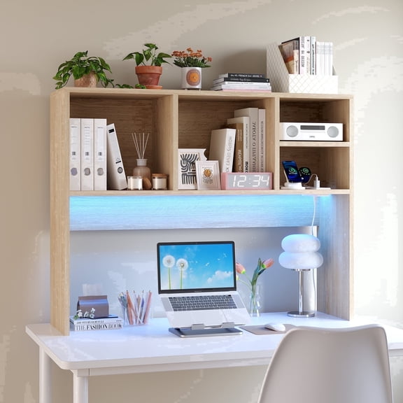 Desktop Bookshelf with Charging Station & LED Light, 3-Tier Display Wooden Rack Desk Organizer for Office, Dorm, Living Room, Light Brown