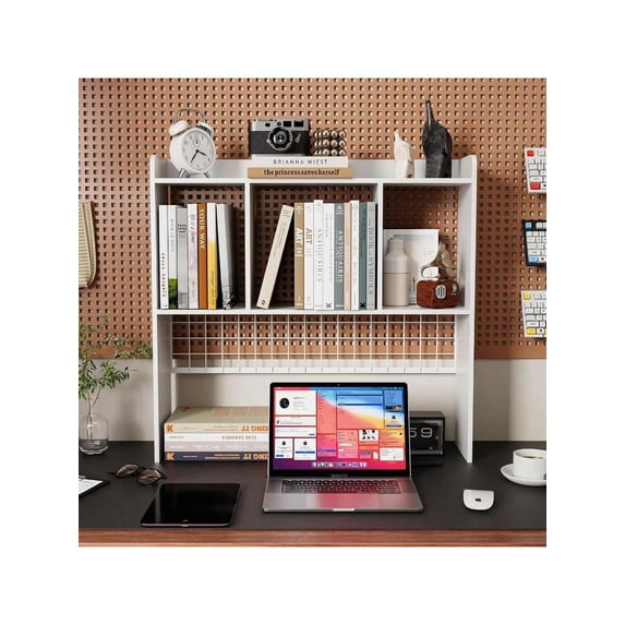 Desktop BookshelfCountertop Storage Hutch With 3 Shees For Computer Desk2-Tier Display Rack With Grid Panel Multipurpose Wood Desk Hutch Storage Organizer For Home Office Dorm White