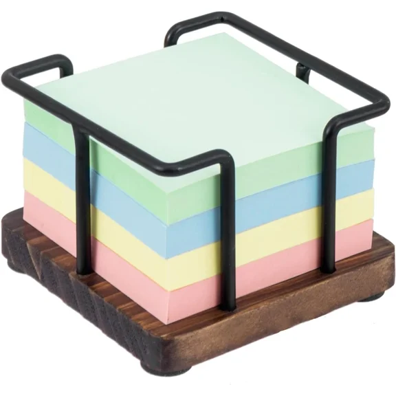 Desktop Brown Wood And Black Metal Sticky Note Cube Holder, Memo Pad Storage