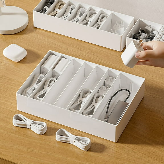 Desktop Cable Organizer Box with Removable Dividers | 2-Size Set for Chargers, Headphones & Tech Accessories | White Plastic Storage Drawer Compartment