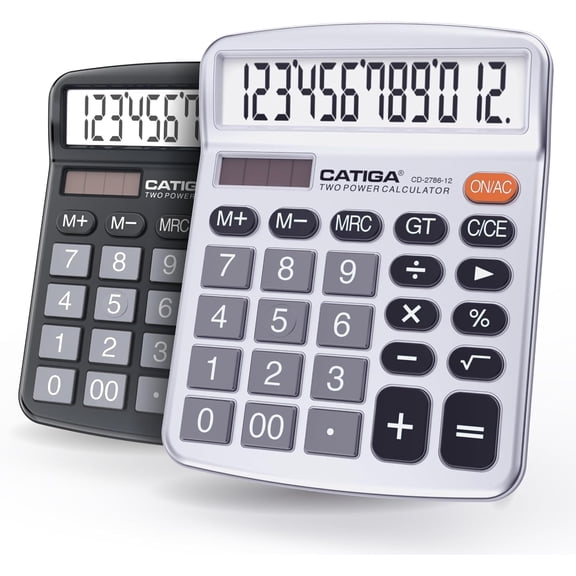 Desktop Calculator (2 Pack) 12 Digit with Large LCD Display and Sensitive Button, Solar and Battery Dual Power, Standard Function for Office, Home, School, CD-2786 (Black/Silver)
